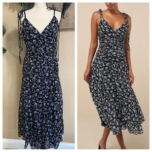 NWOT Lulus Charming Invitation Black Floral Tie-Strap Drop Waist Midi Dress